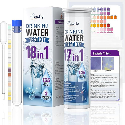 Pawfly 18 in 1 Drinking Water Test Kit, 125 Strips for Tap Water Well Swimming Pool Aquarium Spa, Home Water Quality Test Strips for pH Hardness Chlorine Lead Iron Copper Nitrate Fluoride & More