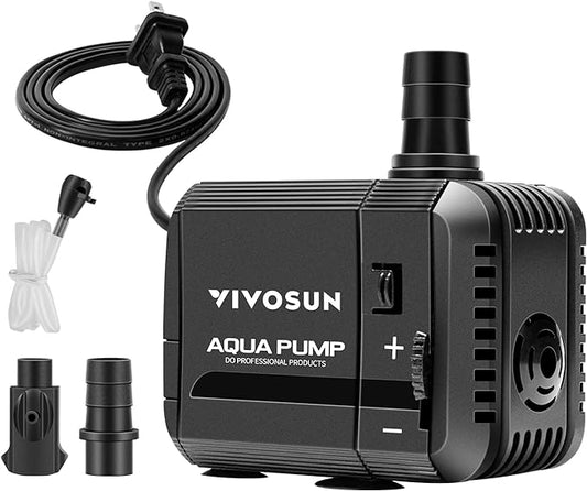 VIVOSUN 210GPH Submersible Pump(800L/H, 8W), Ultra Quiet Water Pump with 3.3ft High Lift, with 5ft Power Cord, 2 Nozzles for Fish Tank, Pond, Aquarium, Statuary, Hydroponics Black