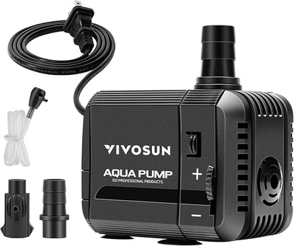 VIVOSUN 130GPH Submersible Pump(500L/H, 6W), Ultra Quiet Water Pump with 2.6ft High Lift, Fountain Water Pump with 5ft Power Cord, 2 Nozzles for Fish Tank, Pond, Aquarium, Statuary, Hydroponics