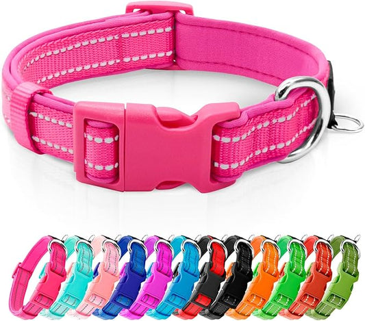 azuza Reflective Dog Collar,Soft Neoprene Padded Pet Collar with ID Tag Ring,Adjustable for Medium Dogs,Hot Pink,M