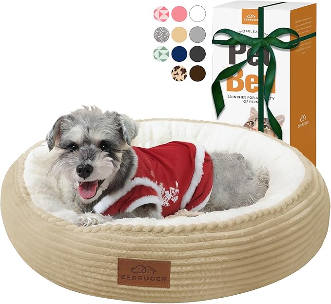 Cat Bed, 23In Dog Beds for Small Dogs, Calming Cat & Dog Beds for Indoor Pets, Pet Beds Comfortable Donut Round Ultra Soft (Camel, 23" L x 23" W x 6.5" Th)