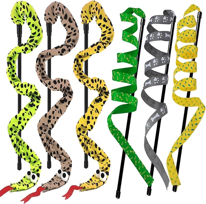 Interactive Cat Toy Wand with Crinkle, Cat Teaser Wand Rainbow String for Bored Indoor Adult Cats and Kittens (6 Pack)