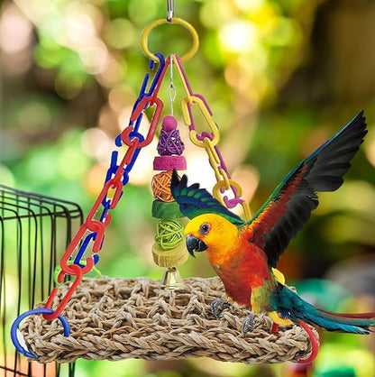 Bird Swing Toy Seagrass Mat, Natural Sea-Weed Woven Parrot Hammock Swing Bird Net Hammock Mat Climbing Swing Mat with Colorful Chewing Rope Toys for Parakeets, Budgie,Conure,Cockatiel,Lovebird