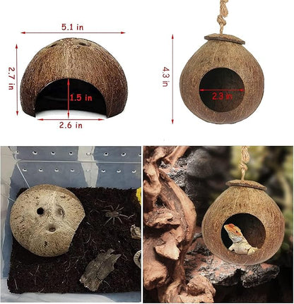 kathson Lizard Coco Den with Ladder, Reptile Hideouts Gecko Coconut Husk Hut with Artificial Bendable Jungle Climbing Vines for Chameleon, Lizards, Gecko, Snakes to Hide Perch and Play
