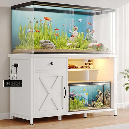 4ever2buy 55-75 Gallon Fish Tank Stand with Power Outlets, LED Light, Heavy Duty Aquarium Stand with Cabinet for Fish Tank Accessories Storage, for Turtle Tank, Reptile Terrarium, 1100LBS, White