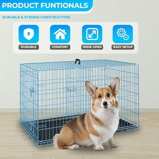 FDW Dog Crate for Small Dogs 24 Inch Folding Metal WirePet Cage Double Door W/Divider Panel Indoor Outdoor Kennel Leak-Proof Plastic Tray,Blue