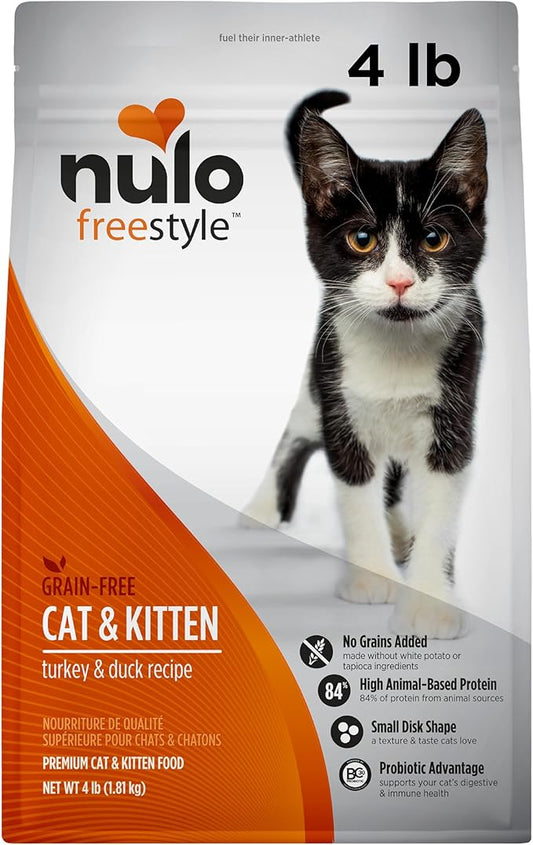 Nulo Freestyle High Protein Cat & Kitten Food, Turkey & Duck Recipe - Natural Grain-Free Dry Cat Food with Omega Fatty Acids & Probiotics, 4 lb Bag
