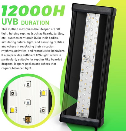 UVB Light for Bearded Dragon,Dimmable Brightness LED UVB Light for Reptiles,18W 10Inch Reptile UVB Heat Lamp for Chameleon,Turtles,Lizard,Tortoise,Gecko,Snake, Adjustable 6/10/12-Hour Cycles
