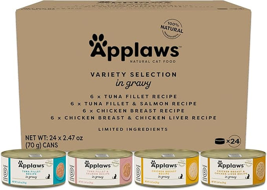Applaws Natural Wet Cat Food in Gravy, Limited and Natural Ingredients, High Protein with No Artificial Additives, Variety Selection in Gravy (24 x 2.47oz Cans)