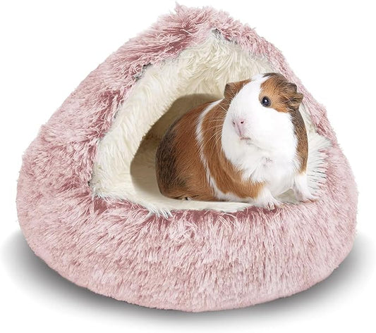Soothing Guinea Pig Hideout, Doughnut Guinea Pig Bed with Hooded Cover, Washable Hamster Rabbit Bunny Bed, Washable Round Cave Beds for Small Animal Bunny Rabbit Hideout (Pink)