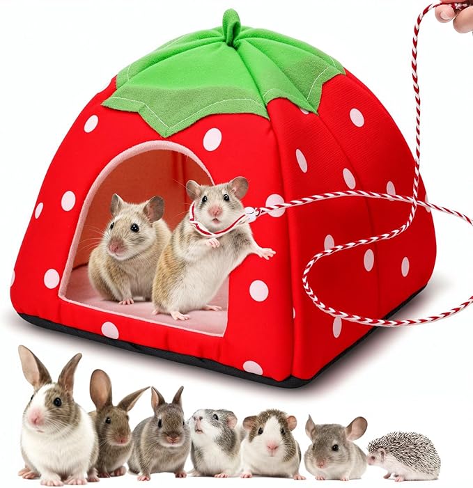 Guinea Pig Bed Rabbit Hideout Cozy Hamster Cave Leash Accessories Warm Fleece Cuddle Cup Washable Winter Sleeping House for Small Pet Strawberry Style