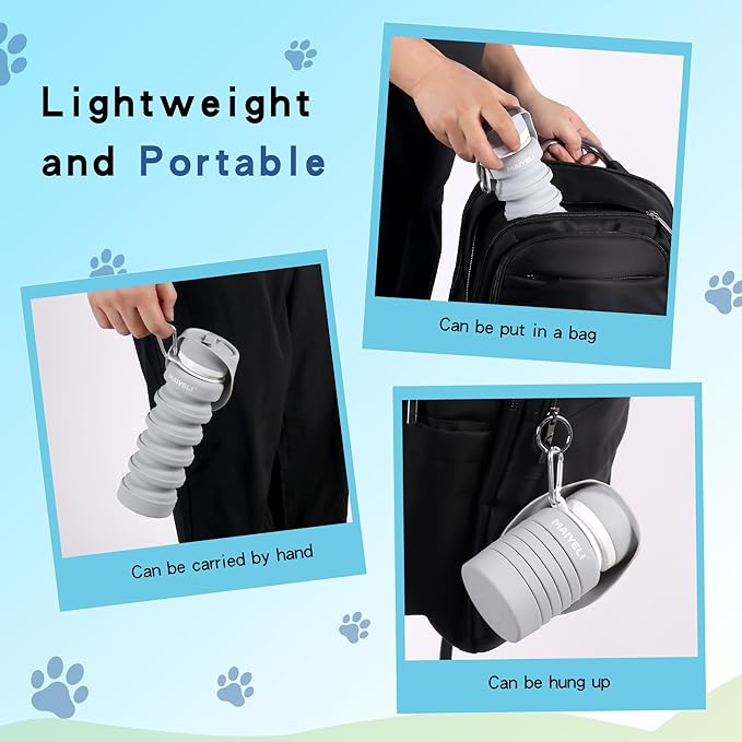 Dog Water Bottle Collapsible & Portable Squeeze, 9oz-17oz Water Dispenser & Folding Bowl,5 Levels Capacity in 1,Carabiner Clip,100% Food-Grade Silicone, Outdoor Walking,Hiking,Travel