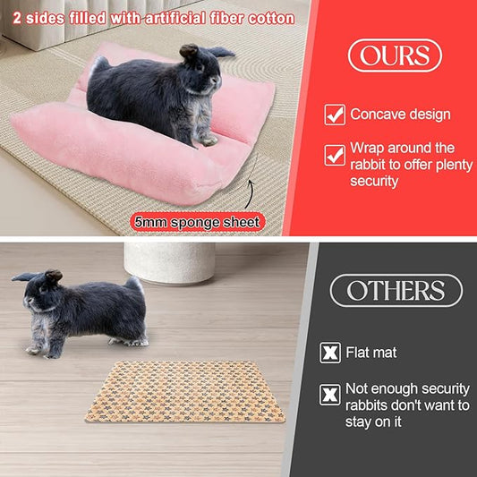 MEWTOGO 13 x 14In Rabbit Bed, Thickened Soft Snuggle Bunny Bed, Cuddle Cushion Plush Mat with Cotton Lounger Pillows, Small Pet Flop Mat for Cage Sleeping Indoor, Pink