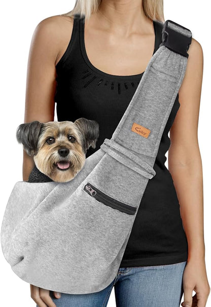 CUBY Dog and Cat Sling Carrier - Small Dog Carrier Sling with Adjust Strap & Zip Pocket, Hands Free Soft Dog Slings for Small Dogs Cats Puppy Pets Outdoor Travel Safety Purse Bag (Silver Grey)