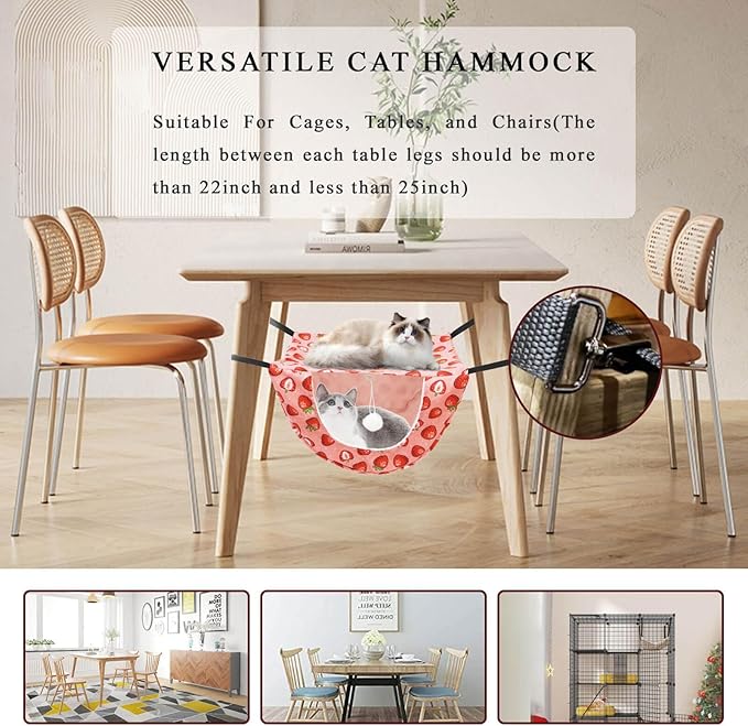 JSPYFITS Cat Cage Hammock with Ball,Double Layer Hanging Adjustable Soft Pet Bed Suit for Kitten Ferret Puppy Rabbit or Small Pet, 2 Level Indoor Bed for All Season(Pink Strawberries)