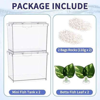 Mini Betta Fish Tank, Small Fish Bowl for Temporary Space, 0.2 Gallon Stackable Cube Tank with Betta Leaf and Gravels for Small Fish, Insect, Shrimp, Crab, Spider.(Pack-2)