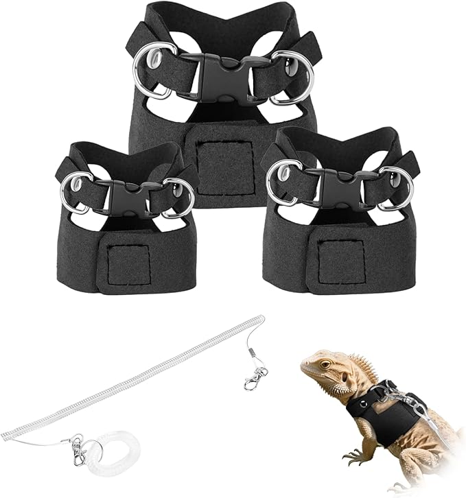 Black Bearded Dragon Leash and Harness Set, 3 Size Easy Walk Bearded Dragon Harness, Adjustable Traction Rope Ferret Harness and Leash Set Cat Rat Accessories Stuff for Squirrel