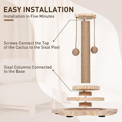 Cat Scratching Post - 4 in 1 Scratching Post, Wooden Cat Scratch Post with 2 Level Sisal Balls & 2 Sisal Hanging Balls for Indoor Kittens, Gifts