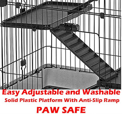 X-Large Deluxe 4-Level in/Outdoor Rabbit Hutch Cage for Ferret Squirrel Chinchilla Solid Platform Ramp Mesh Floor Easy Clean 2-Inch Deep Leakproof Tray Large Access Doors Lockable Casters