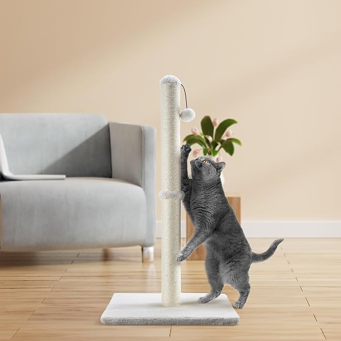 Dimaka 34" Height Tall Cat Scratching Post, Claw Scratcher with Sisal Rope and Covered with Soft Smooth Plush, Vertical Scratch [Full Strectch] Cats (Beige, 34 inches for Large Cats)