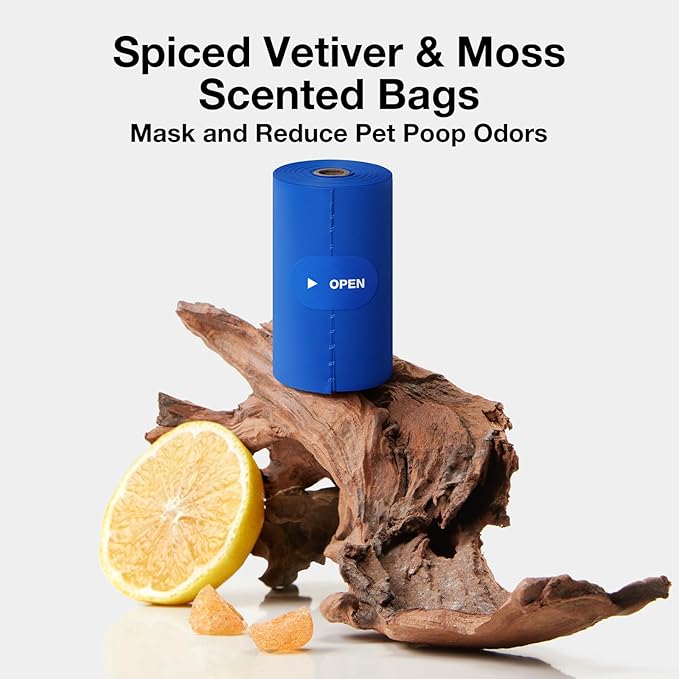 VETRESKA Dog Poop Bags, Leak Proof, Extra Thick and Large Pet Waste Bags for Dog Walking and Cat Litter, Spiced Vetiver & Moss Scented, 20 Refill Rolls, 300 Bags, Blue