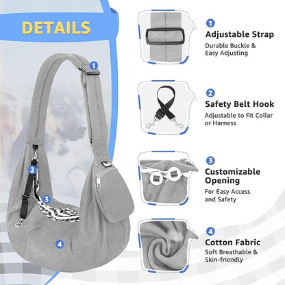 Lukovee Pet Sling, Hand Free Dog Sling Carrier Adjustable Padded Strap Tote Bag, Shoulder Bag with Safety Belt & Front Pocket for Small Dog Cat Puppy (Grey-WY,M)