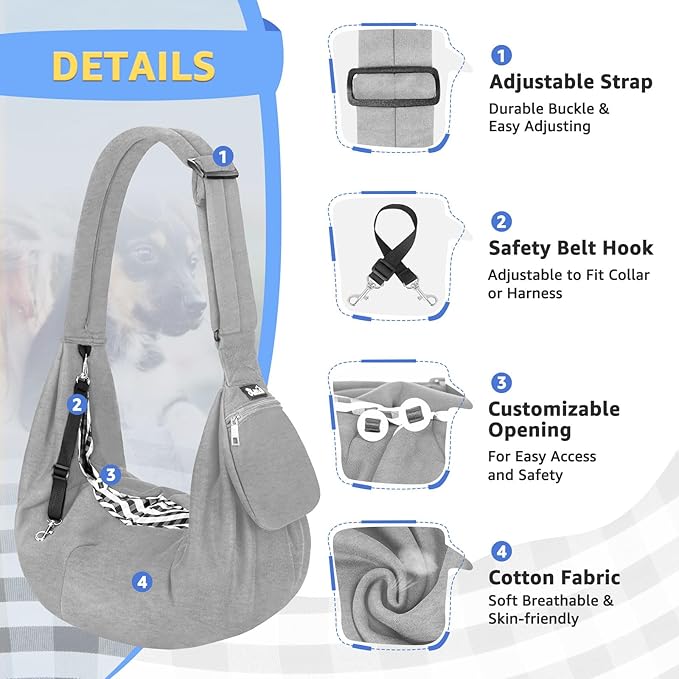 Lukovee Pet Sling, Hand Free Dog Sling Carrier Adjustable Padded Strap Tote Bag, Shoulder Bag with Safety Belt & Front Pocket for Small Dog Cat Puppy (Grey-WY,L)