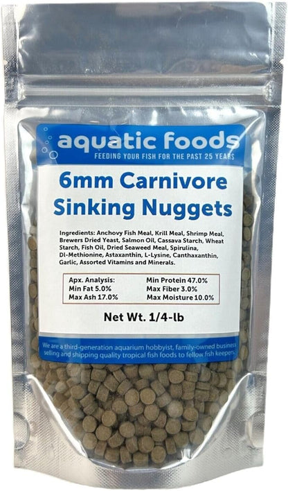 Aquatic Foods Inc. 6mm - 1/4" Carnivore Sinking Pellets for Cichlids, Catfish, Monster Fish, Bottom Fish & Koi - 1/4-lb Foil Pouch Bag