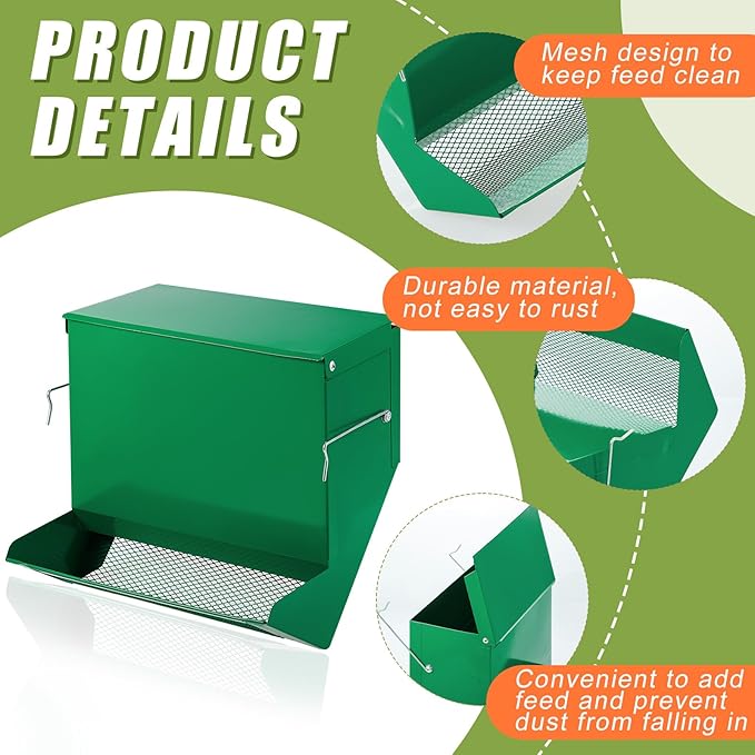 Maxcheck 2 Pcs Rabbit Feeder for Cages Small Animal Food Dispenser with Lid Metal Chicken Grit Oyster Shell Feeders Outside(7.7 Inches,Mesh Bottom,Green)