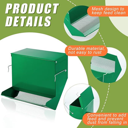Maxcheck 2 Pcs Rabbit Feeder for Cages Small Animal Food Dispenser with Lid Metal Chicken Grit Oyster Shell Feeders Outside(7.7 Inches,Mesh Bottom,Green)
