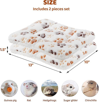 Amakunft 2 Pcs Guinea Pig Bed Mat Washable, Rabbit Winter Bed Pad for Indoor, Warm Small Animal Bed Mattres, Fleece Sleeping Pad for Bunny, Rat, Hedgehog, Sugar Glider, Chinchilla (Paw, Medium)
