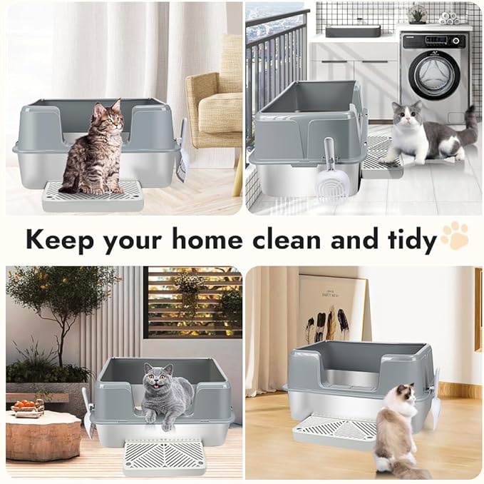 Vivifying XL Stainless Steel Cat Litter Box, High Side Metal Litter Pan with Scoop and Footboard for Big Cats, Kittens, Rabbits and Hamsters, Easy Cleaning Design (Gray)