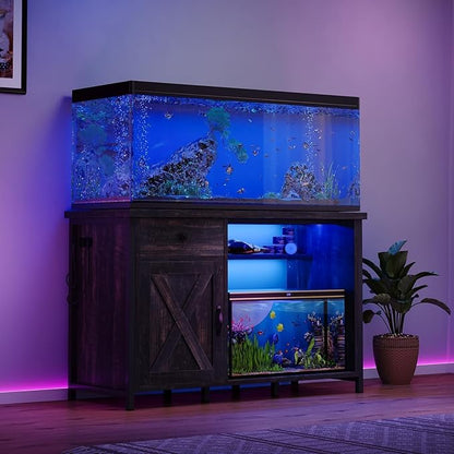 4ever2buy 55-75 Gallon Fish Tank Stand with Power Outlets, LED Light, Heavy Duty Aquarium Stand with Cabinet for Fish Tank Accessories Storage, for Turtle Tank, Reptile Terrarium, 1100LBS, Oak