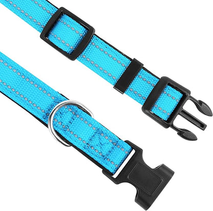 Reflective Dog Collar, Adjustable Soft Neoprene Padded Nylon Pet Collars with Buckle for Medium Dogs, Sky Blue,M