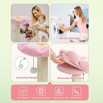 PETEPELA Cat Scratching Post, Mushroom Cat Scratcher Cute Cat Tree Tower with Thick Scratching Post & Removable Flower Cats Bed [Dia=15.7''], Tall Post for Kittens and Indoor, Pink