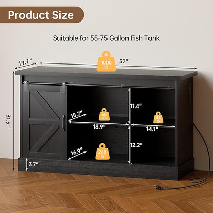 55-75 Gallon Fish Tank Stand with Sliding Barn Doors & Power Outlet, Heavy Duty Aquarium Stand with Cabinet Storage for Fish Tank, Turtle Tank, Reptile Terrarium, 1000LBS Capacity, Black