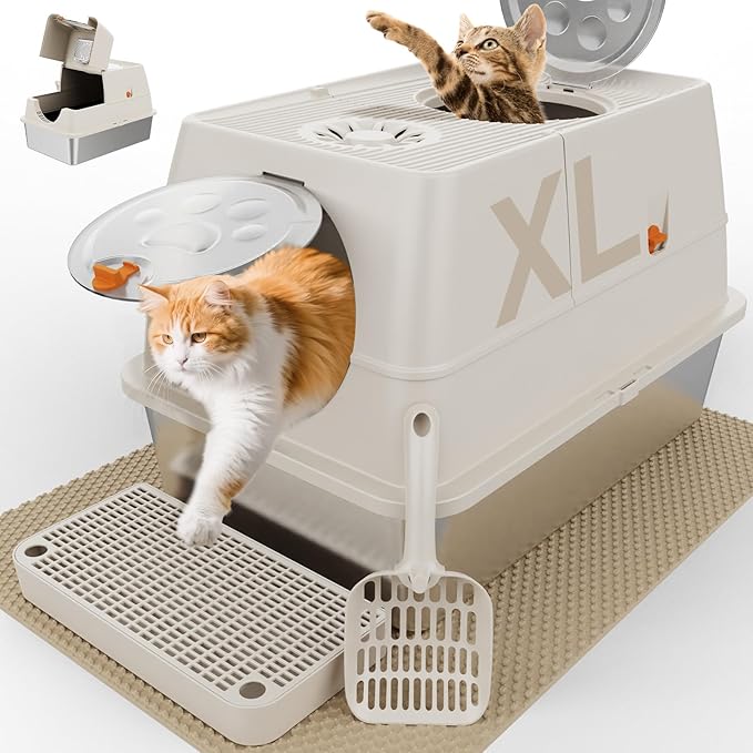 Stainless Steel Cat Litter Box with Lid, XL Extra Large Kitty Litter Box, Enclosed Top Entry Metal Litterbox for Big Cats, Easy Cleaning, Anti-Leakage & High Sided with Mat, Aisle & Scoop Beige