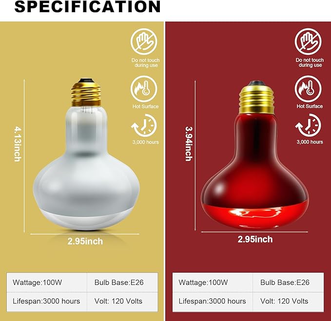 MIXJOY 100W Reptile Heat Lamp Bulb Combo, 2PCS Day & Night Reptile Heat Bulbs, UVA Daylight Intense Heat Basking Bulb Infrared Heat Light Bulb for Reptiles, Lizard, Tortoise, Bearded Dragon Chickens
