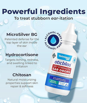 Vetnique Oticbliss Cat & Dog Ear Infection Treatment Drops - with 1% Hydrocortisone & MicroSilver BG for Dog Ear Infections - Vet Recommended Cat & Dog Ear Cleaner for Itchy Ear Relief