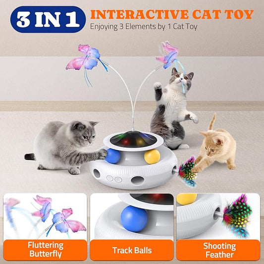 Interactive Cat Toys: 3 in 1 Automatic Cat Toy for Indoor Cats, Electric Kitten Toy with USB Rechargeable, Self Play Kitty Toys with Spinner Fluttering Butterfly, Track Ball and 2 Ambush Feathers