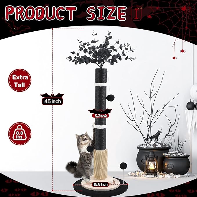 Scratching Posts for Indoor Cats Adults,45'' Tall Halloween Gothic Scratching Post with 3.5Inch Diameter Sisal Rope,Black Cat Scratcher with Interactive Ball Toys Self Groomer Brush for Large Cats