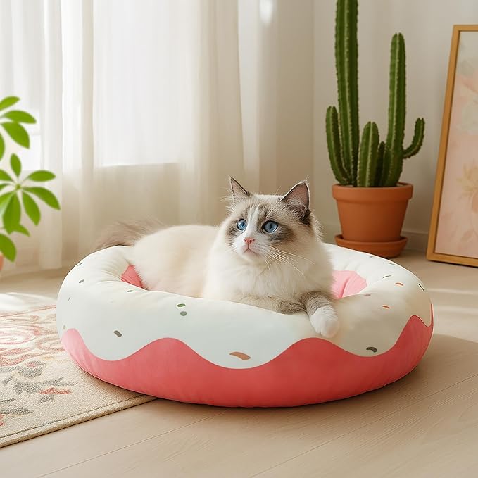 Cute Cat Beds Kitten Beds, Soft Small Dog Beds, Washable Pet Beds for Puppy and Kitty, Funny Donuts Shape, 24 Inch