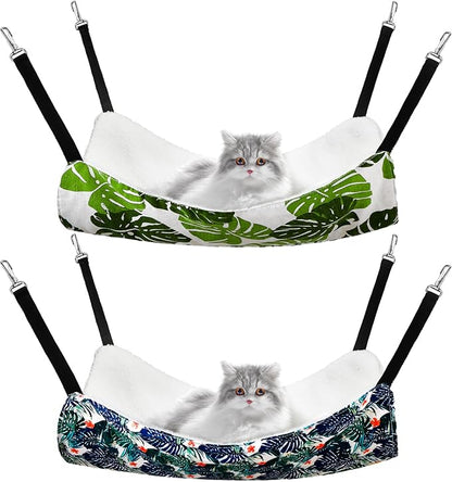 2 Pieces Reversible Cat Hanging Hammock Soft Breathable Pet Cage Hammock with Adjustable Straps and Metal Hooks Double Sided Hanging Bed for Small Dogs Rabbits(Monstera Leaf,M)