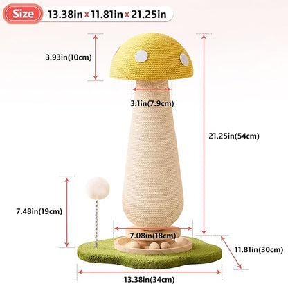 Mushroom Cat Scratching Post Cat Tree, 21.5‘’ H Cute Cat Scratcher Tower with Durable Solid Wood Turntable Toy, Lemon Yellow Mushroom Scratch Post Cat Sisal Scratcher with Catnip for Indoor Cats