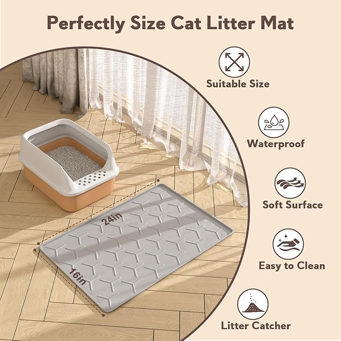 Cat Litter Box Mat, Silicone Kitty Litter Mat, 24" X 16" Waterproof Silicone Pad for Floor, Light Gray