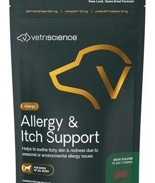 VetriScience Allergy & Itch Support Chews, Skin and Coat Supplement for Dogs, Allergy Chews for Itching, Scratching, and Licking, Support Skin and Immune Health, Duck, 75 Count
