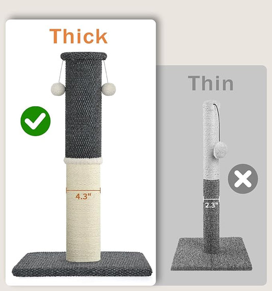 Made4Pets Tall Cat Scratching Post, Heavy Duty and Thicker Scratching Posts for Indoor Cats Adults, 33" Natural Sisal Cat Scratcher with Hanging Balls, Sturdy Base Cat Scratch Post, Dark Grey