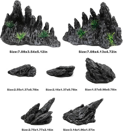 “Soul Valley” 7pcs Resin Aquarium Decor Set – Large Fish Tank Decorations, Imitation Stone Ornaments for 10-20 Gallon Tanks, Natural Live Rock Style Decor for Fresh/Saltwater Aquariums
