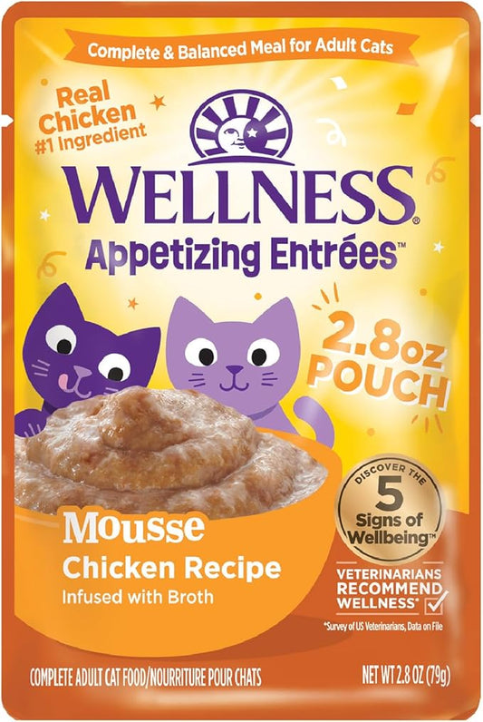 Wellness Appetizing Entrées Mousse, Adult Wet Cat Food, Natural, Protein-Rich, Grain-Free, 2.8 Ounce Pouch, 8 Pack, (Chicken Recipe)