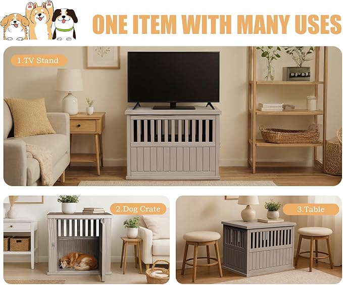 39.37'' Dog Crate Furniture Lockable Dog Kennel Indoor for Large Dogs and Medium Heavy Duty Pet Crate Decorative Pet Cage End Table Escape-Proof and Chew-Proof, Grey